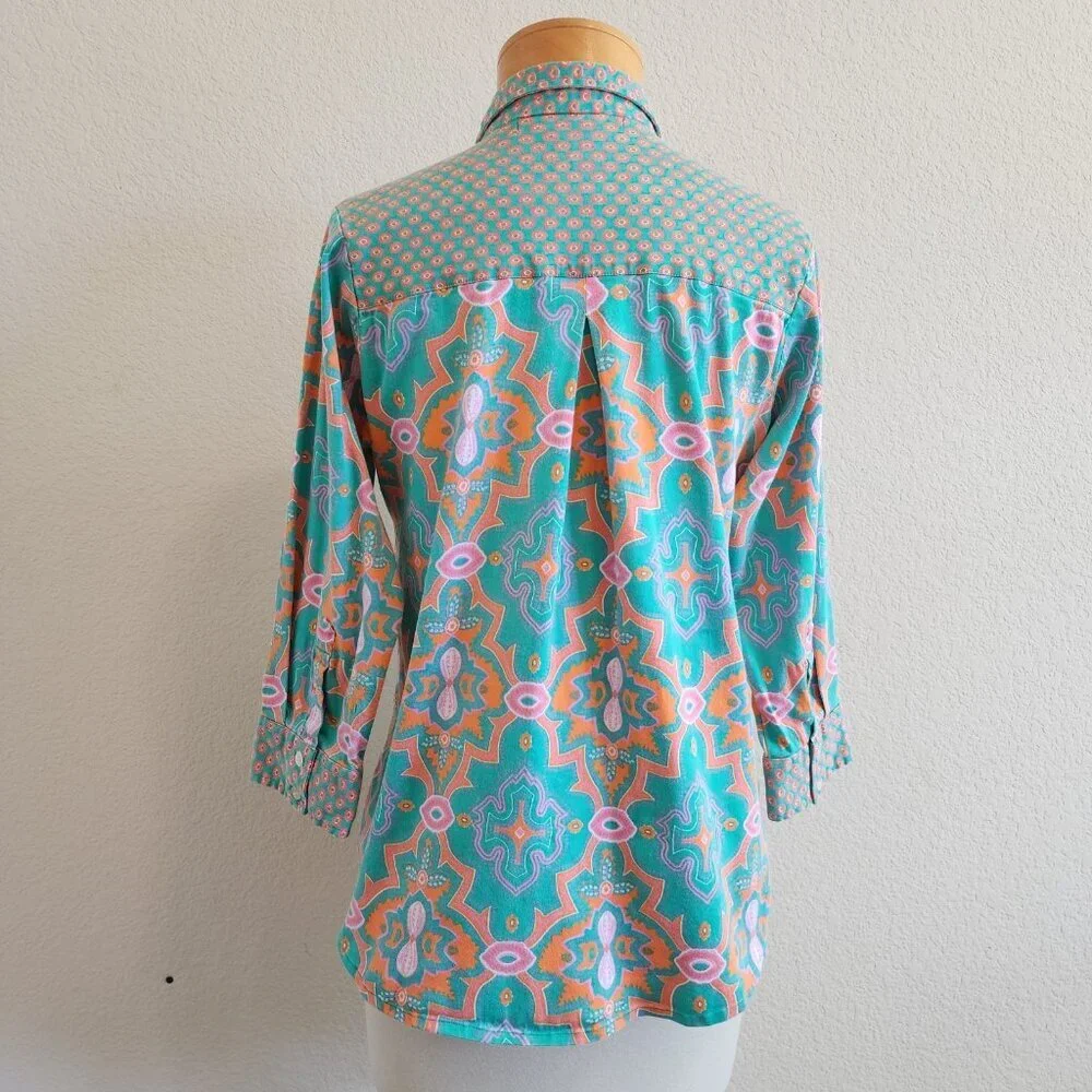 Gretchen Scott Bright Mixed Print Partial Button Front 3/4 Sleeve Popover Top L - Picture 5 of 9